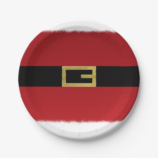 赤いサンタクロースのベルト＆ホワイトファー クリスマス ペーパープレート (正面)