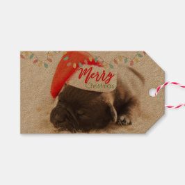 赤いサンタハットのクリスマスを迎えるかわいい子犬 ギフトタグ