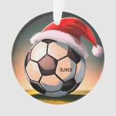 赤いサンタハットの名前クリスマス付きサッカーボール オーナメント (正面)