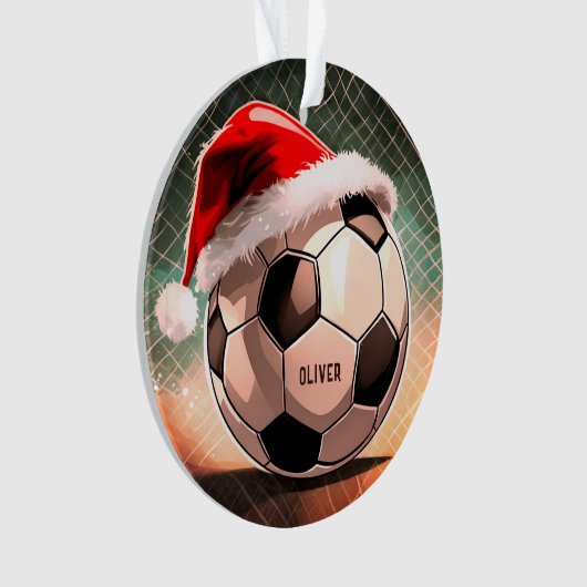 赤いサンタハットの名前クリスマス付きサッカーボール オーナメント (正面)