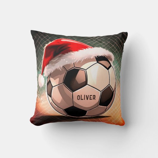 赤いサンタハットの名前クリスマス付きサッカーボール クッション (正面)
