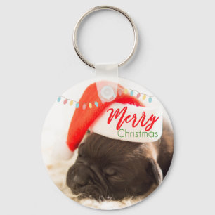 赤いサンタハットクリスマスに可愛い子犬のパグ キーホルダー