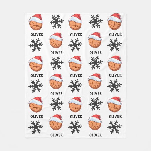 赤いサンタハットスノーフレーク名のバスケットボールボール フリースブランケット (正面)