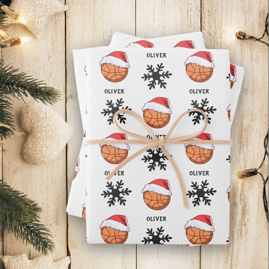 赤いサンタハットスノーフレーク名のバスケットボールボール ラッピングペーパーシート