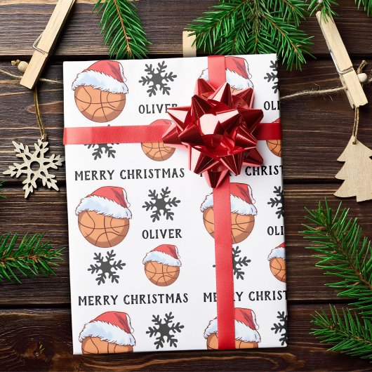 赤いサンタハットスノーフレーク名のバスケットボールボール ラッピングペーパー