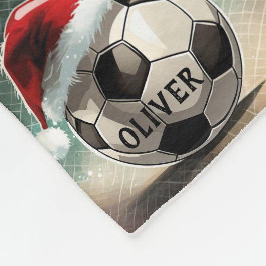 赤いサンタハットスノーフレーク名付きサッカーボール フリースブランケット (角)