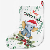 赤いサンタ帽をかぶったかわいい赤ちゃん象 ラージクリスマスストッキング (裏面)