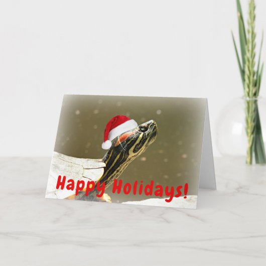 赤いサンタ帽をかぶったカメおもしろい シーズンカード (正面)