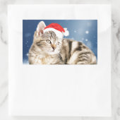 赤いサンタ帽をかぶったクリスマスの雪の可愛い猫 長方形シール (バッグ)