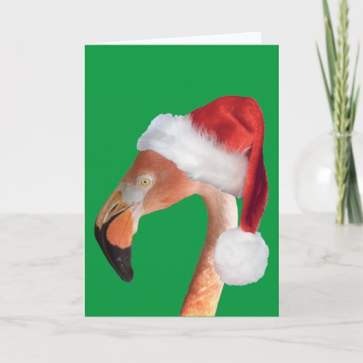 赤いサンタ帽をかぶったピンクのフラミンゴのホリデーカード シーズンカード (正面)