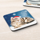 赤いサンタ帽をかぶった可愛い猫クリスマス雪 コースター (左側)
