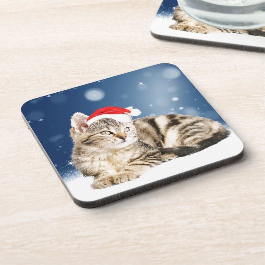 赤いサンタ帽をかぶった可愛い猫クリスマス雪 コースター (左側)