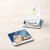 赤いサンタ帽をかぶった可愛い猫クリスマス雪 コースター (右側)