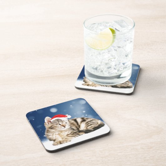 赤いサンタ帽をかぶった可愛い猫クリスマス雪 コースター (右側)