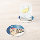 赤いサンタ帽をかぶった可愛い猫クリスマス雪 コースター (側面)