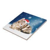 赤いサンタ帽をかぶった可愛い猫クリスマス雪 タイル (側面)