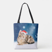 赤いサンタ帽をかぶった可愛い猫クリスマス雪 トートバッグ (裏面)