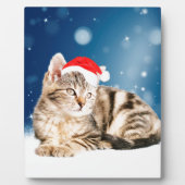 赤いサンタ帽をかぶった可愛い猫クリスマス雪 フォトプラーク (正面)