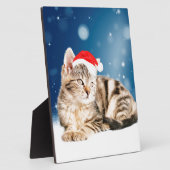 赤いサンタ帽をかぶった可愛い猫クリスマス雪 フォトプラーク (側面)
