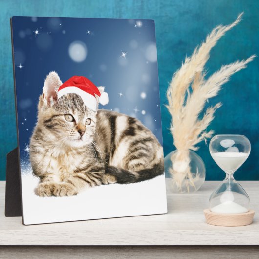 赤いサンタ帽をかぶった可愛い猫クリスマス雪 フォトプラーク (側面)