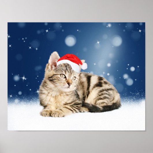 赤いサンタ帽をかぶった可愛い猫クリスマス雪 ポスター (正面)