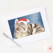 赤いサンタ帽をかぶった可愛い猫クリスマス雪 長方形シール (封筒)