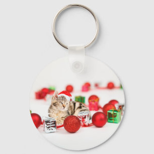 赤いサンタ帽をかぶった猫のクリスマスオーナメント キーホルダー