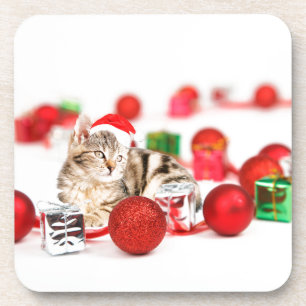 赤いサンタ帽をかぶった猫のクリスマスオーナメント コースター