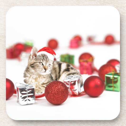 赤いサンタ帽をかぶった猫のクリスマスオーナメント コースター (正面)