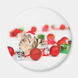 赤いサンタ帽をかぶった猫のクリスマスオーナメント マグネット