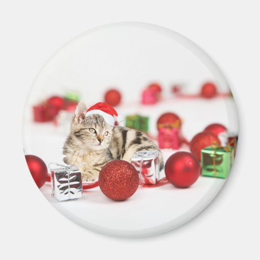 赤いサンタ帽をかぶった猫のクリスマスオーナメント マグネット (正面)