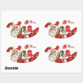赤いサンタ帽をかぶった猫のクリスマスオーナメント 楕円形シール (シート)