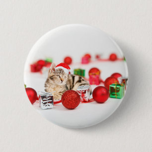 赤いサンタ帽をかぶった猫のクリスマスオーナメント 缶バッジ