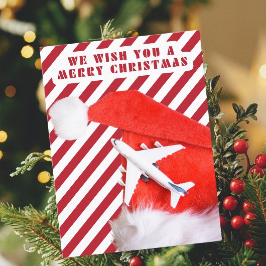 赤いサンタ帽子と飛行機のストライプ柄,メリークリスマス シーズンポストカード