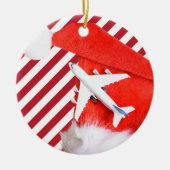 赤いサンタ帽子と飛行機のストライプ柄,メリークリスマス セラミックオーナメント (正面)