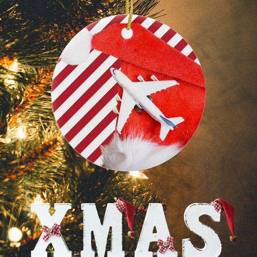 赤いサンタ帽子と飛行機のストライプ柄,メリークリスマス セラミックオーナメント