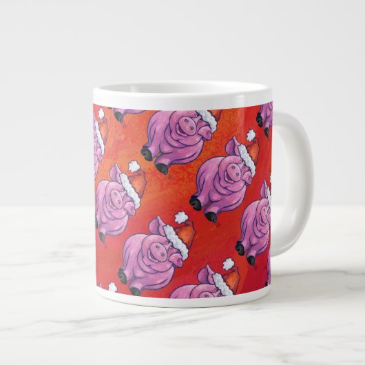 赤いサンタ帽子のかわいい豚 ジャンボコーヒーマグカップ (正面右)