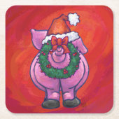 赤いサンタ帽子のかわいい豚 スクエアペーパーコースター (正面)