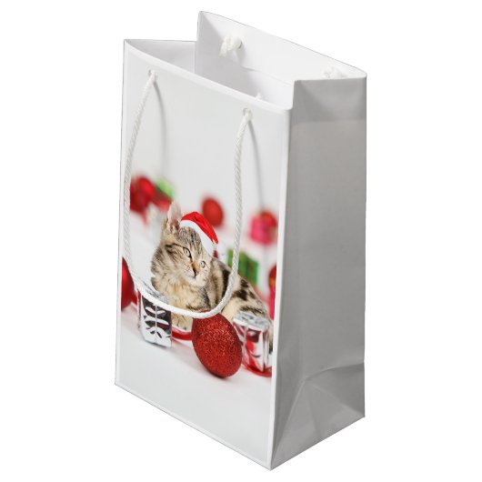 赤いサンタ帽子のクリスマスオーナメントを着た猫 スモールペーパーバッグ (裏面アングル)