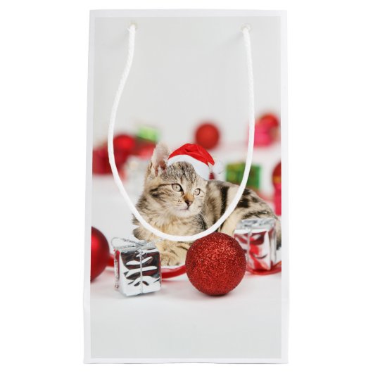 赤いサンタ帽子のクリスマスオーナメントを着た猫 スモールペーパーバッグ (正面)