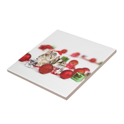 赤いサンタ帽子のクリスマスオーナメントを着た猫 タイル (側面)