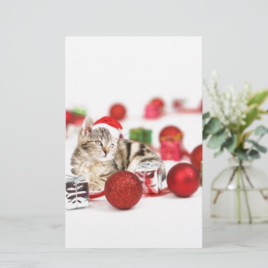 赤いサンタ帽子のクリスマスオーナメントを着た猫 便箋 (スタンド正面)