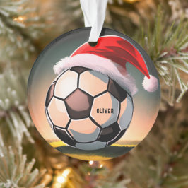 赤いサンタ帽子のクリスマス サッカー ボール 名前入り オーナメント