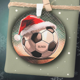 赤いサンタ帽子のサッカーボール 名前入り クリスマス オーナメント