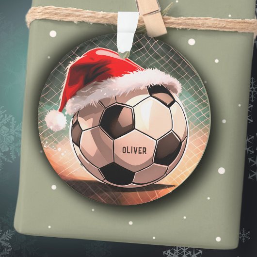 赤いサンタ帽子のサッカーボール 名前入り クリスマス オーナメント