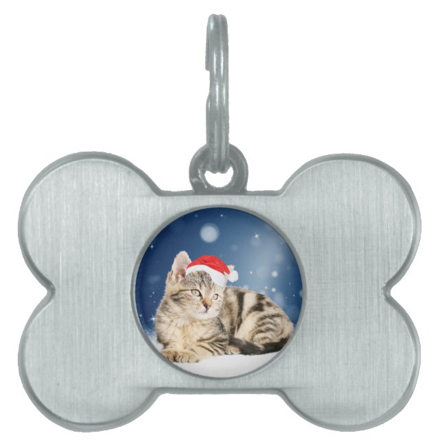 赤いサンタ帽子をかぶったクリスマスの雪の可愛い猫 ペットネームタグ (正面)