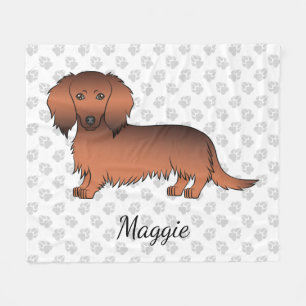 赤いサーブル色のロングヘアダックスフントのキャラクターデザイン 犬+名前 フリースブランケット