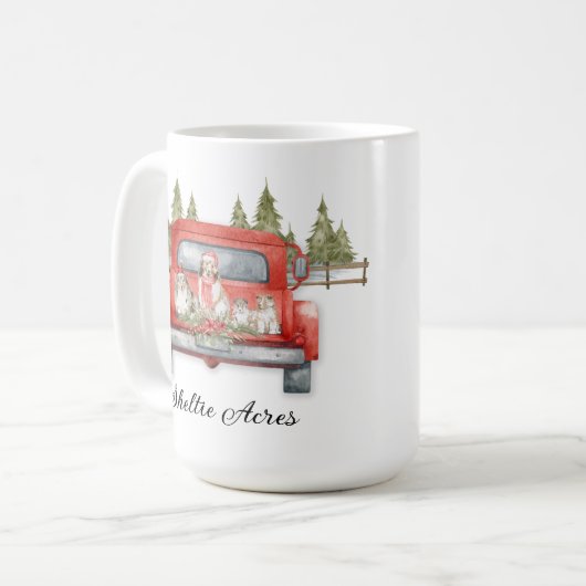 赤いシェットランド・ シープドッグトラックのヴィンテージ コーヒーマグカップ (正面左)