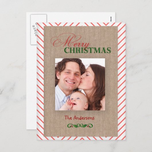赤いシェブロンとBurlapクリスマスフォトカード シーズンポストカード (正面/裏面)