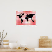 赤いシェブロン模様の世界地図 ポスター (キッチン)